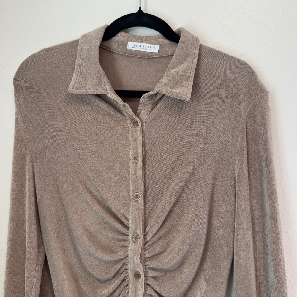 12th Tribe Womens Ruched Button Front Midi Slinky Dress Taupe Long Sleeve L